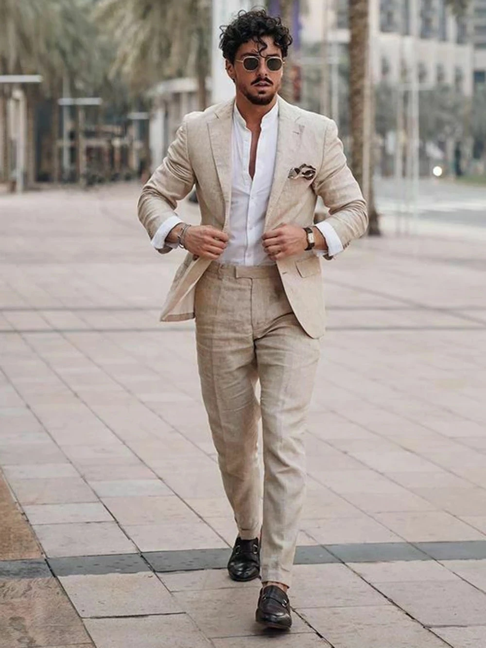 Men Formal Wear For Summer - ชุดสูทผ้าลินินสำหรับธุรกิจชายหาดฤดูร้อน ตัดเย็บตามสั่ง 2 ชิ้น เสื้อแจ็คเก็ตพร้อมกางเกง ชุดทักซิโด้ลำลองสำหรับงานปาร์ตี้