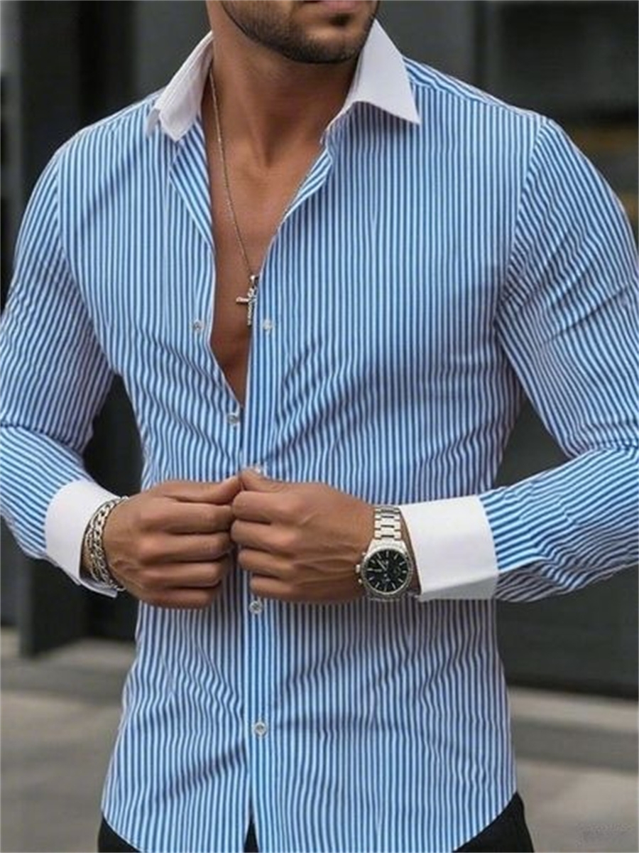 Men Formal Wear Shop - เสื้อเชิ้ตแขนยาวปกทางการลายทางทรงเข้ารูปสำหรับผู้ชายธุรกิจเดินทางสวมใส่ในที่ทำงานที่ทันสมัยและสะดวกสบาย