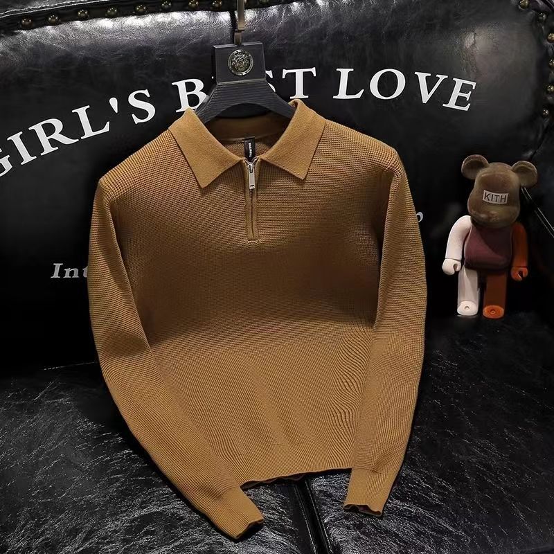 Men Formal Wear Coat - ผู้ชายมีสไตล์ซิปออกแบบเสื้อโปโลถักแขนยาวลําลองสีทึบหลวมถักเสื้อกันหนาว