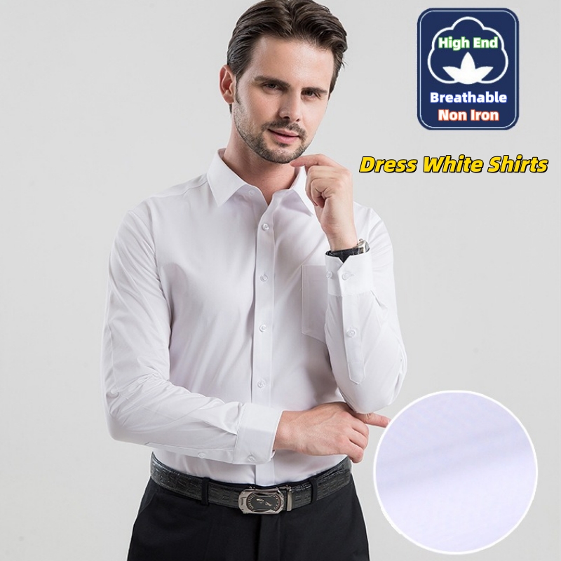 High End Men'S Formal Wear - เสื้อเชิ้ตสีขาวสำหรับนักธุรกิจ แขนยาว ไม่ต้องรีด แฟชั่นระดับไฮเอนด์ เสื้อทำงานทรงเข้ารูป ทรงหลวม