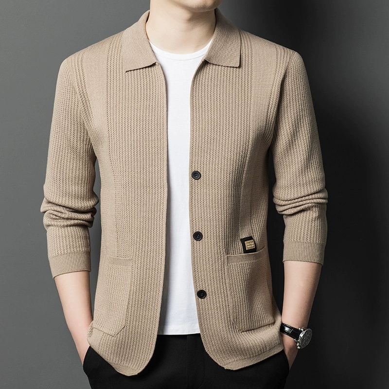 Men Formal Wear Coat - เสื้อคาร์ดิแกนถักคุณภาพสูงสำหรับผู้ชาย สีพื้น เรียบง่าย สไตล์ธุรกิจ ปกเสื้อแบบปกเชิ้ต เสื้อโค้ทไหมพรม