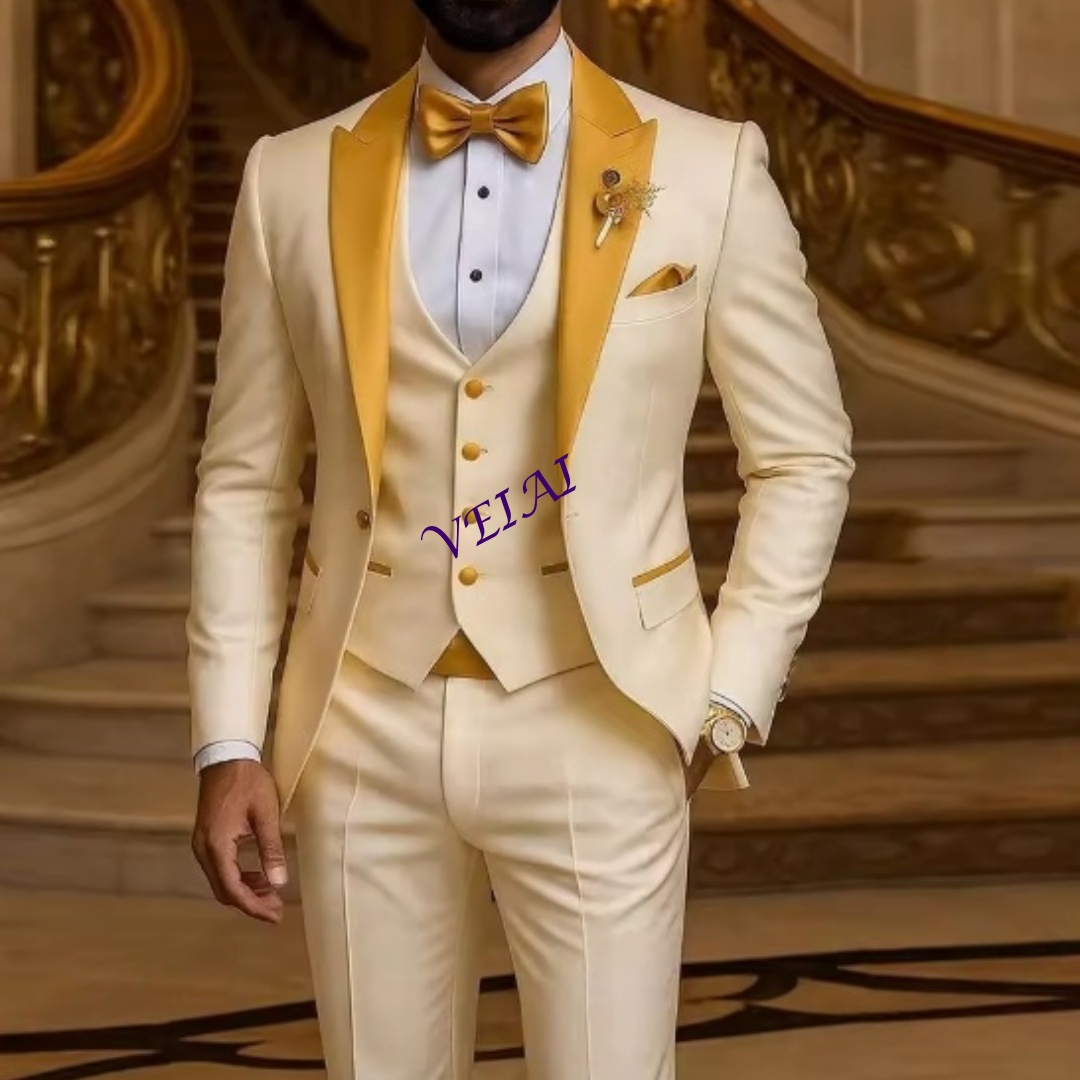 Men Formal Wear Coat - ชุดสูทผู้ชายสีงาช้างแบบสั่งตัดพิเศษ คอสีทอง สำหรับงานแต่งงาน งานเลี้ยง งานพิธีการ ชุดเจ้าบ่าว