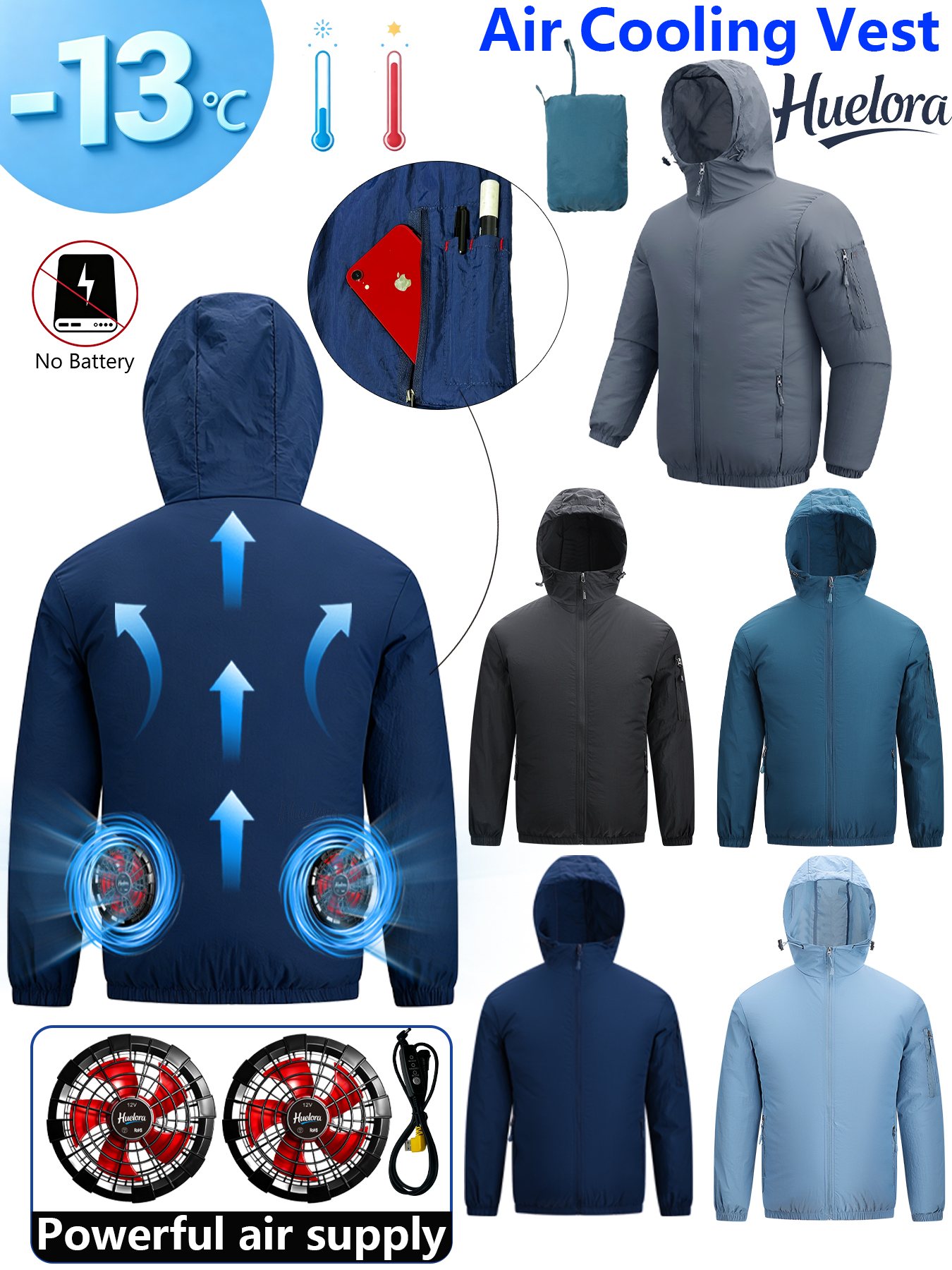 Men Formal Wear Coat - เสื้อแจ็คเก็ตมีฮู้ดสำหรับผู้ชายพร้อมพัดลมคู่แบบ USB สำหรับระบายความร้อน เหมาะสำหรับใส่ทำงานกลางแจ้งในฤดูร้อนและตกปลา