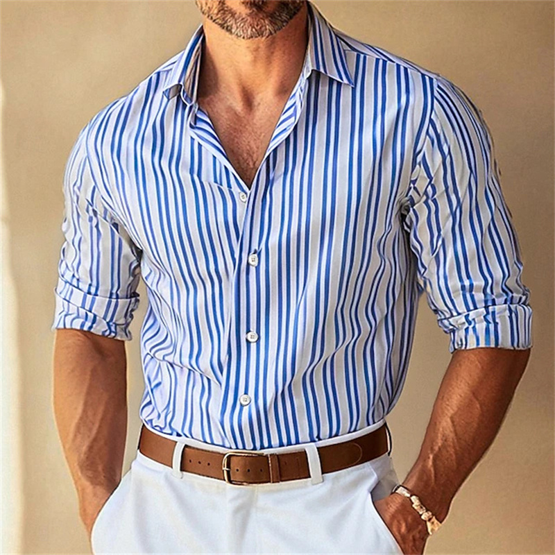 Men Formal Wear Shop - เสื้อเชิ้ตผู้ชายลายทาง คอปกติดกระดุม แขนยาว 10 สี สีดำ