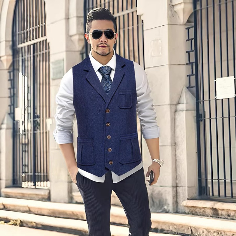 Men'S Vintage Formal Wear - เสื้อกั๊กสูทผู้ชายลายเฮอร์ริงโบน ทวีด ปกแบบนอตช์ ลา펠 กระดุมแถวเดียว สำหรับงานแต่งงาน