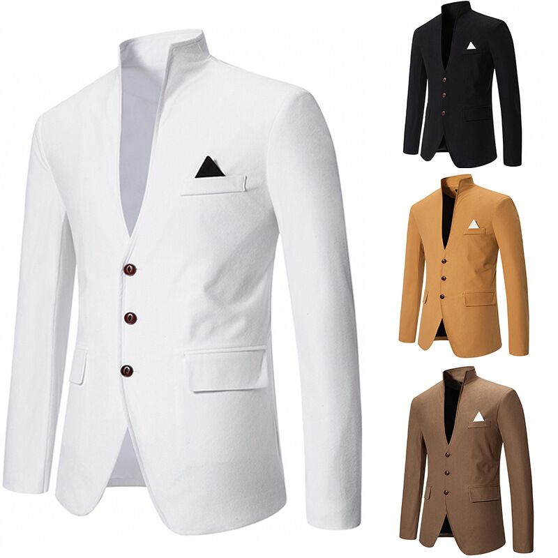 Men'S Formal Wear For Office - เสื้อทักซิโด้ลำลองสำหรับผู้ชาย งานแต่งงาน ปกเสื้อแบบไม่มีปก กระดุมแถวเดียว ชุดสูทเบลเซอร์ สำหรับธุรกิจ