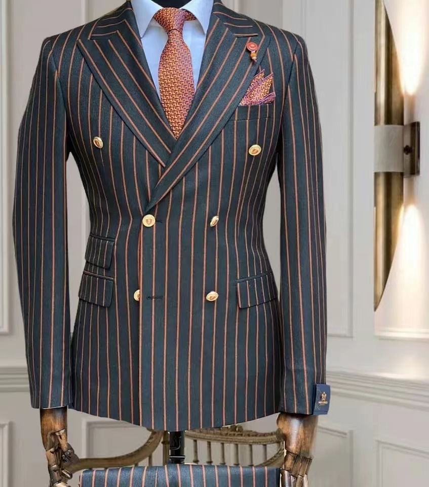 Young Men Formal Wear - ชุดสูทผู้ชายลายทาง Allingentle ชุดเบลเซอร์ธุรกิจ 2 ชิ้น เสื้อโค้ทผู้ชายพร้อมกางเกง