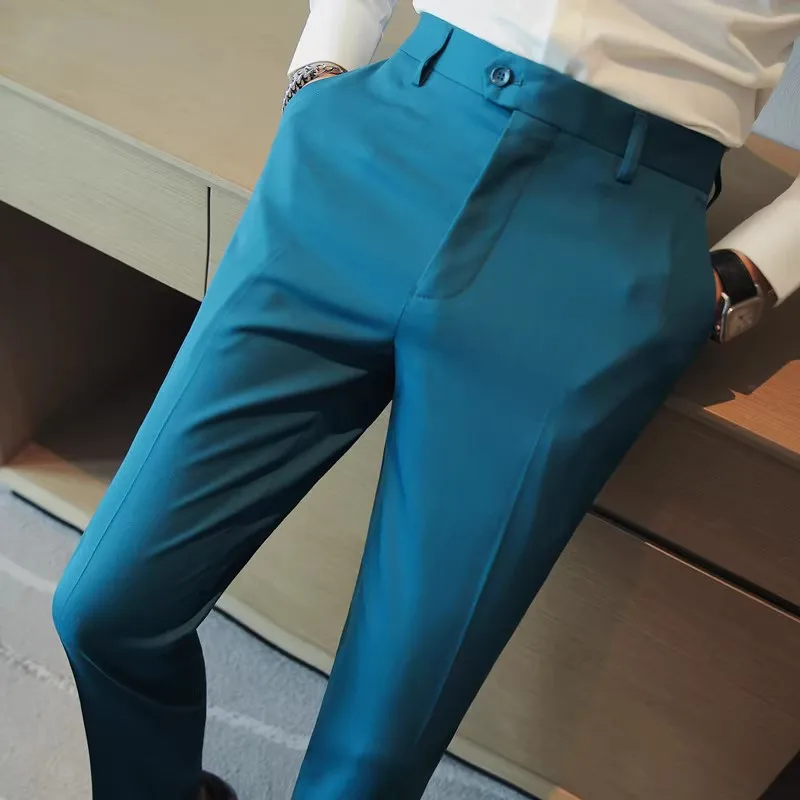 Men Formal Wear Shop - Pop ผู้ชายงานแต่งงานชุดกางเกงผู้ชายคุณภาพสูงอย่างเป็นทางการสวมใส่ชุดกางเกงชายสไตล์อังกฤษ SLIM FIT ธุรกิจชุดลําลอง P