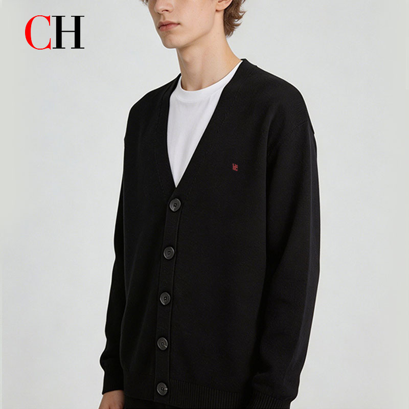 Men Formal Wear Coat - เสื้อคาร์ดิแกนถักคอวีสำหรับผู้หญิง CH แขนยาว ติดกระดุมด้านหน้า เนื้อผ้านุ่ม สวมใส่สบาย