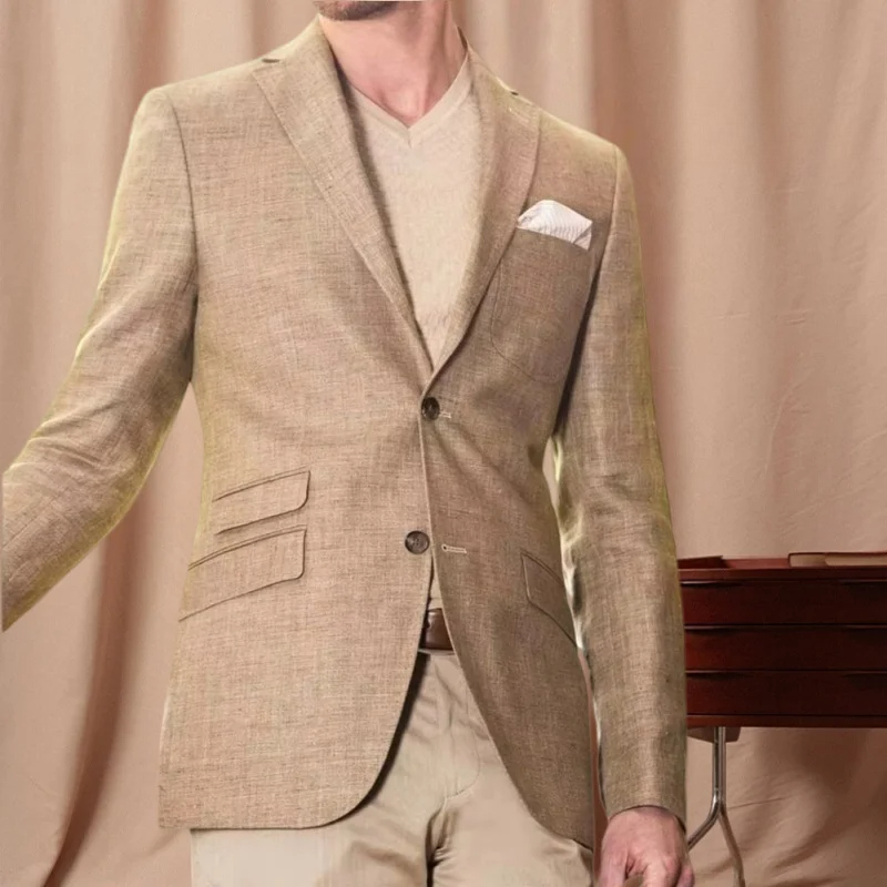 High End Men'S Formal Wear - เสื้อเบลเซอร์ผ้าลินินสำหรับผู้ชายและกางเกงขายาว เสื้อโค้ทลำลองแบบสองกระดุม ทรงเข้ารูป ชุดสูทสำหรับงานแต่งงาน ชุดลำลองระดับไฮเอนด์ ชุดสูทสำหรับงานปาร์ตี้