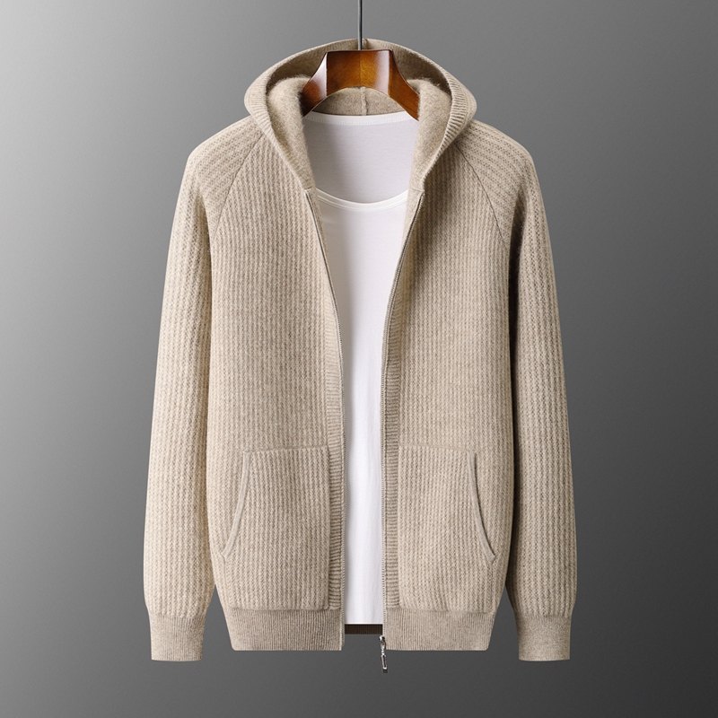 Men Formal Wear Coat - เสื้อฮู้ดดี้คาร์ดิแกนมีซิปหนาสำหรับผู้ชาย ผ้าขนสัตว์เมอริโนถัก 100% เสื้อสเวตเตอร์ลำลองทรงหลวมสำหรับฤดูใบไม้ร่วง/ฤดูหนาว เสื้อฮู้ดดี้แขนยาวอุ่นๆ