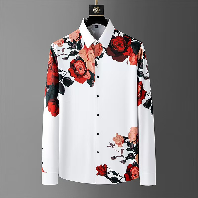 Men'S Vintage Formal Wear - เสื้อแขนยาว Sablon Bunga วินเทจสำหรับผู้ชายหรูหราคอปกพิมพ์ลายแฟชั่นชุดเที่ยวคลับแนวสังคมชุดฤดูใบไม้ผลิ