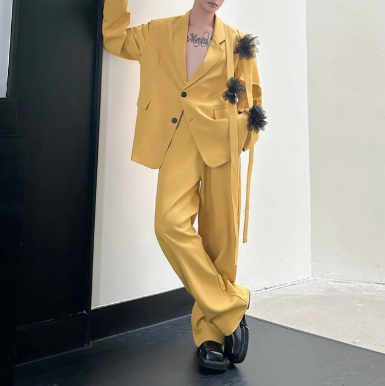 Formal Wear For Men Yellow - ชุดสูทผู้ชายสีเหลือง 2 ชิ้น เสื้อสูท+กางเกงขายาว ผ้าฝ้าย ลายดอกไม้