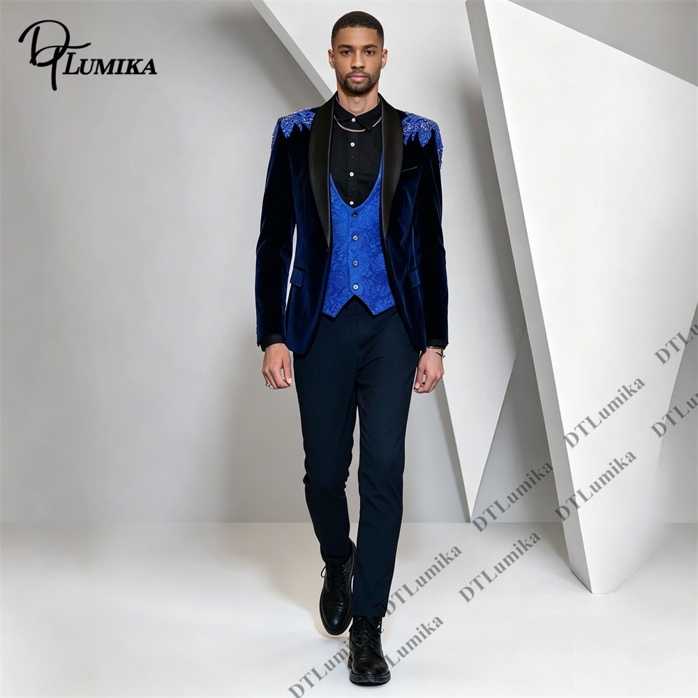 Men'S Formal Wear For Office - ชุดสูทผู้ชาย Peagent 3 ชิ้น ผ้ากำมะหยี่ สีดำ