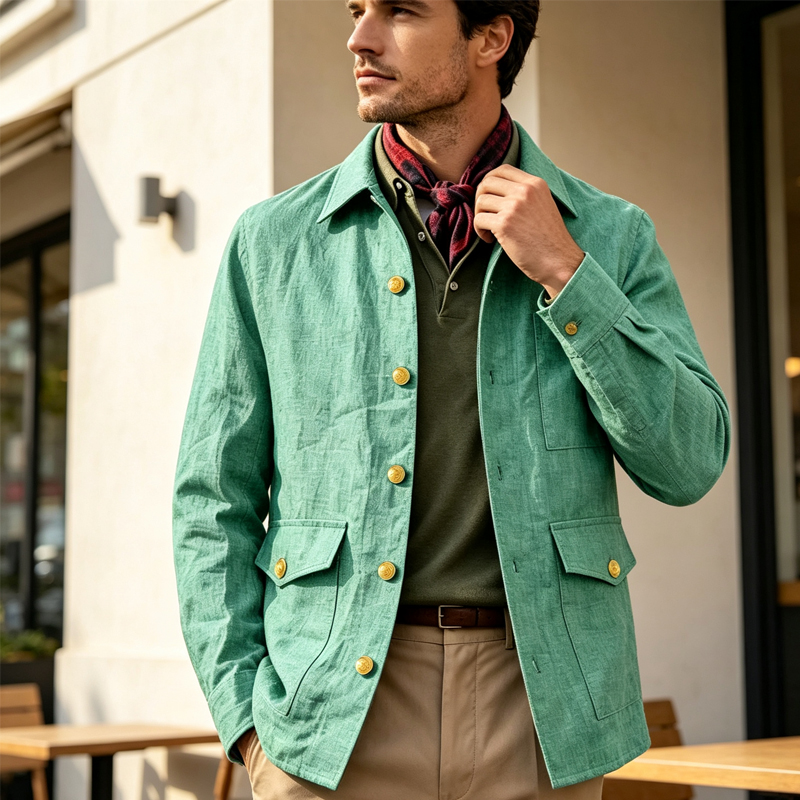 Men'S Formal Wear For Office - เสื้อแจ็คเก็ตผ้าลินินผู้ชายสไตล์วินเทจ ปกเสื้อแบบปกเชิ้ต กระดุมทอง ทรงเข้ารูป สวมใส่สบาย น้ำหนักเบา