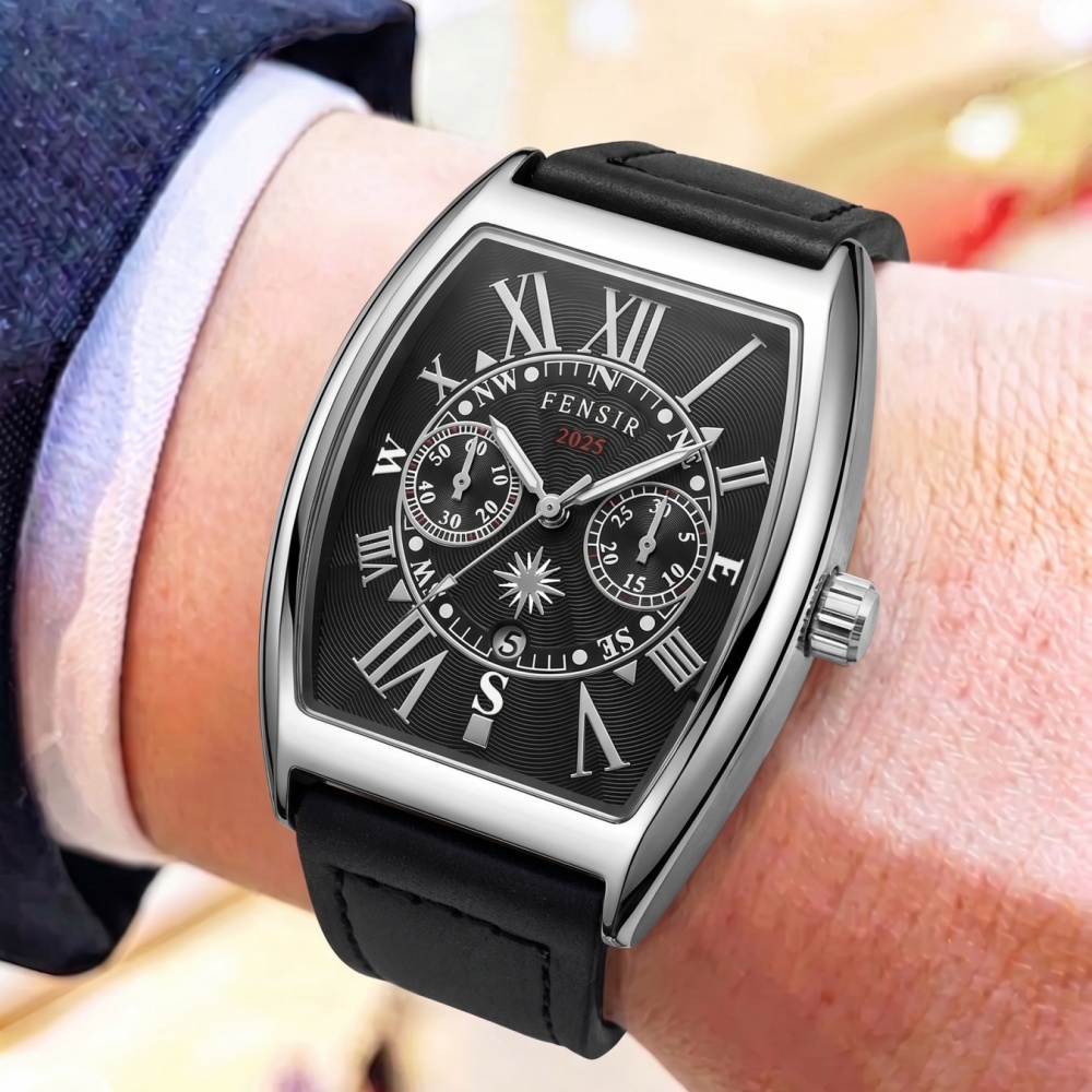 Men'S Vintage Formal Wear - นาฬิกาข้อมือผู้ชายระดับไฮเอนด์พร้อมกลไกควอทซ์รูปทรงกระบอก หน้าปัดตัวเลขโรมันสไตล์วินเทจ สายหนังกันน้ำและทนต่อการสึกหรอ ใช้งานได้สองแบบสำหรับธุรกิจ งานทางการ และสวมใส่ลำลอง