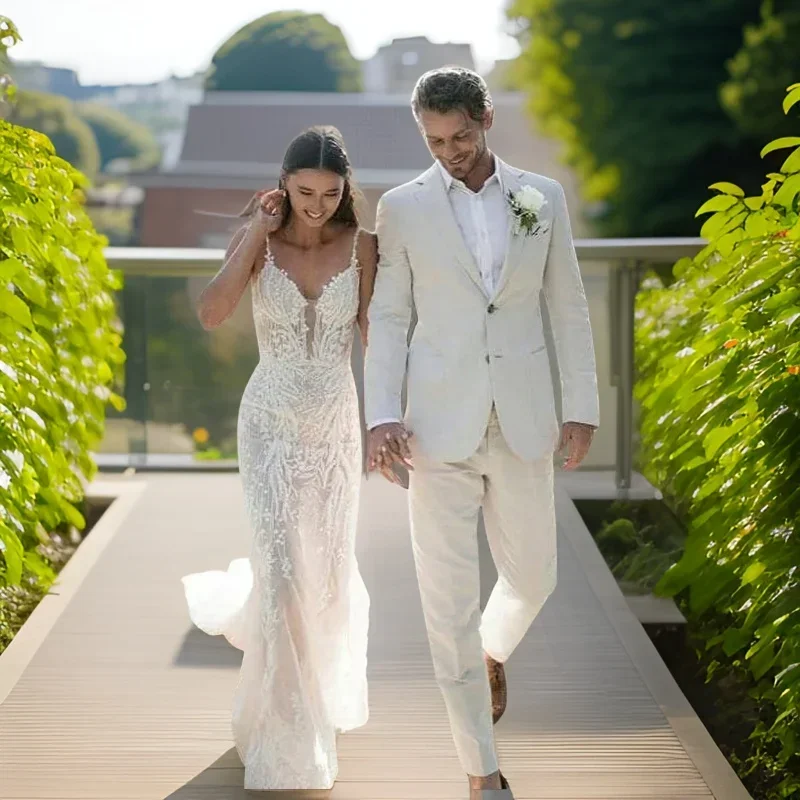 ผ้าลินินงานแต่งงาน Tuxedo สําห - Men Formal Wear For Summer บทวิจารณ์และราคา
